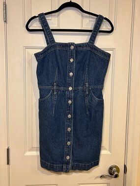 Levi's Blue Denim Overall Button Front Mini Dress with Contrast Stitching